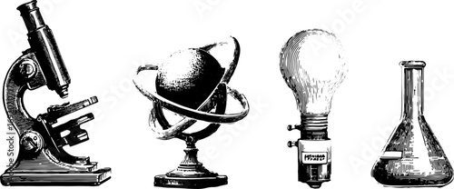 Science laboratory equipment set including microscope, globe, lightbulb, and flask. Vintage vector illustration.