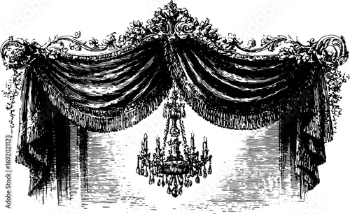 Vintage curtain and chandelier with ornate floral elements in black and white. Detailed engraving style vector illustration of historic interior decor.