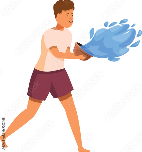 Young barefoot man throwing blue colored water using wooden bowl, celebrating holi festival