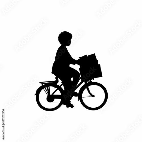 Silhouette of a boy riding a bicycle with newspapers isolated on white background