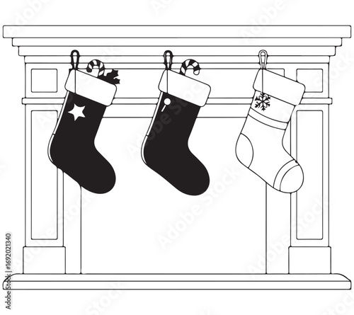 Black and White Christmas Stockings Hanging on Fireplace Mantel