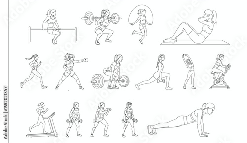 Gym Girl Workout Poses Vector – Women in Various Fitness and Exercise Positions, Line Art Illustrations