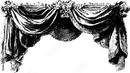 Curtain with ornate fabric and vintage detail. Black and white classic vector illustration with intricate decoration.
