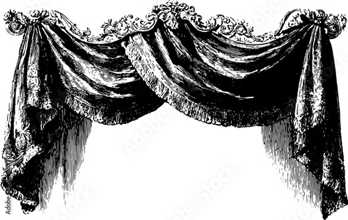 Curtain drape with ornamental flourish in vintage barocco style. Antique black and white vector illustration with decorative scrollwork.
