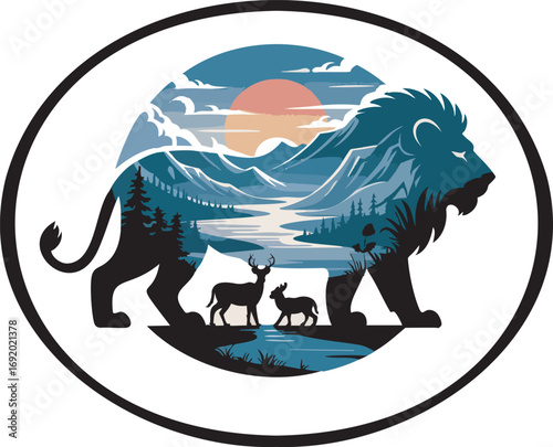 Mountain Wildlife Lion silhouette with deer and forest scene