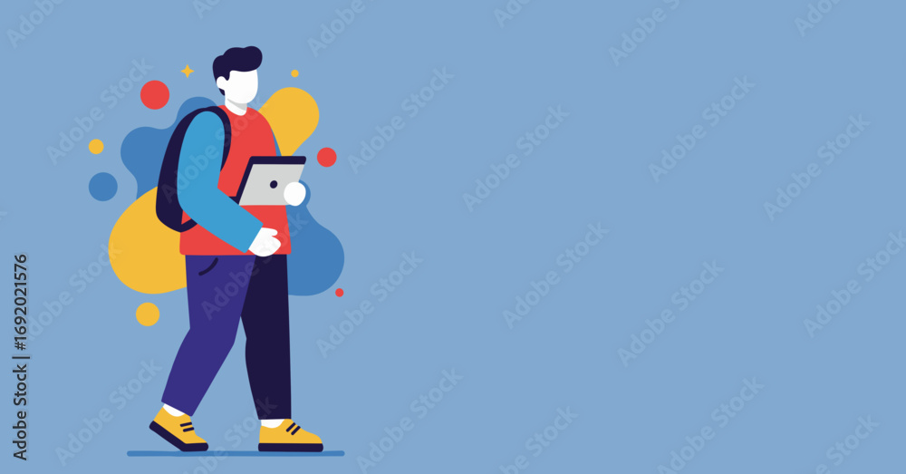 Obraz premium Vibrant illustration of a person with a backpack and tablet, embodying modern learning, mobile work, or digital lifestyle. Blue background with copy space.