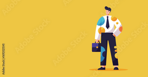 Confident businessman with briefcase stands ready for success. Modern professional concept ideal for business, finance, or corporate themes with copy space.