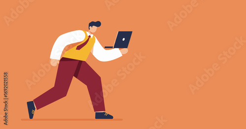 Professional businessman rushing with a laptop, symbolizing fast-paced work, efficiency, and mobility in modern technology-driven business.