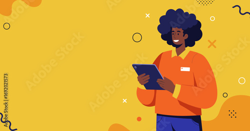 Friendly person with a nametag using a digital tablet on a vibrant yellow background with abstract elements, depicting modern customer service or digital work.