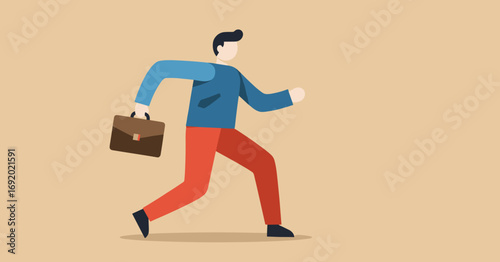 Professional man in blue shirt and red pants quickly running with a briefcase, symbolizing urgency, business, and efficiency in a corporate environment.