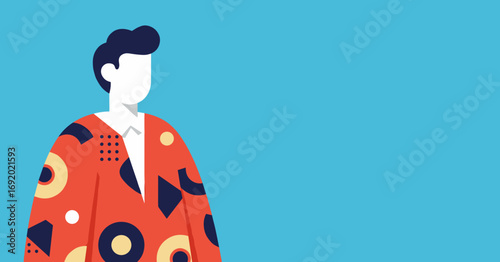 Stylized person in a vibrant, geometric patterned jacket, standing against a blue background with copy space. Modern fashion and creative expression.