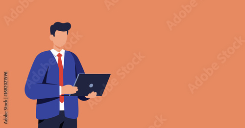 Professional businessman in a blue suit and red tie holds a laptop on an orange background, representing work, technology, and corporate communication. Ideal for business concepts.