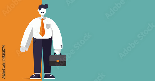 Smiling businessman character with briefcase stands against a split orange and teal background, symbolizing career choices, opportunity, and professional growth.