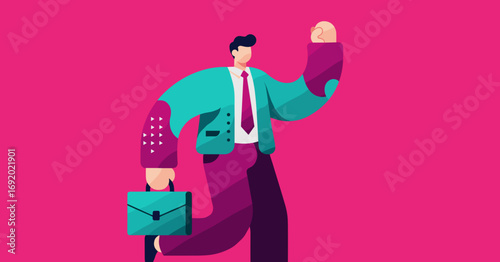 Dynamic illustration of a motivated businessman with a briefcase, running forward with a triumphant gesture. Represents success, achievement, and career progression.