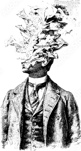 Man in a suit with head exploding into paper fragments. Vintage surreal vector illustration in monochrome engraving style.