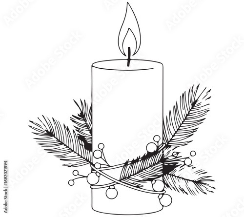 Line Art Holiday Candle with Pine Foliage and Berries