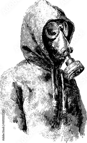 Person with gasmask and hood in monochrome sketch. Detailed black and white vintage vector illustration with protection and danger concept.