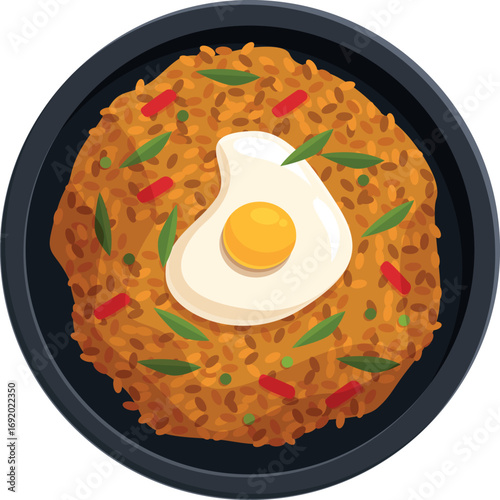 Nasi goreng, a popular indonesian dish, featuring seasoned fried rice topped with a fried egg and garnished with fresh vegetables, viewed from above