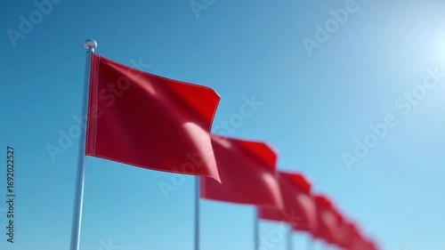 Red Flags in the Sky: A row of vibrant red flags flutters proudly against the bright blue sky, symbolizing warnings, caution, or important messages in a clear and symbolic way.