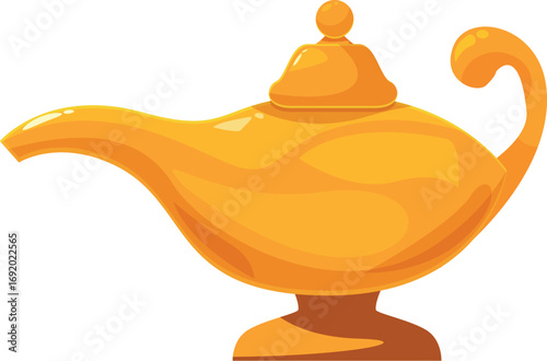 Golden genie lamp is waiting to be rubbed to release a magical genie