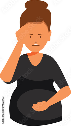 Pregnant woman feeling unwell, touching her belly and head, suffering headache and abdominal pain