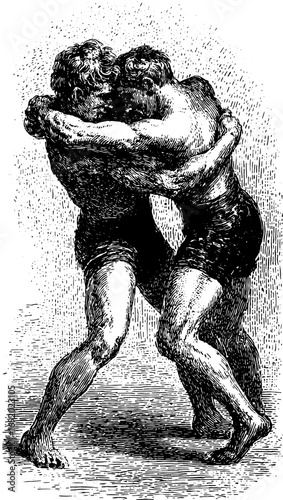 Wrestling athletes grappling in a combat match. Vintage black and white vector illustration with detailed line texture.