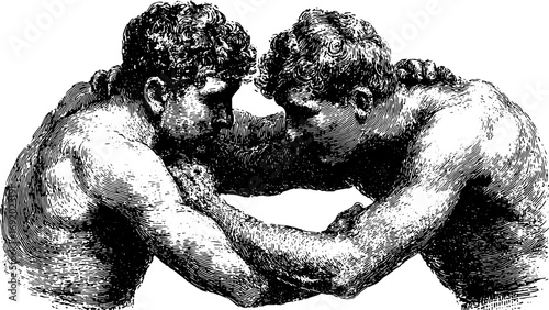 Two men engaged in a wrestling match. Black and white vintage vector illustration showing strength, grip, and classic sport style.