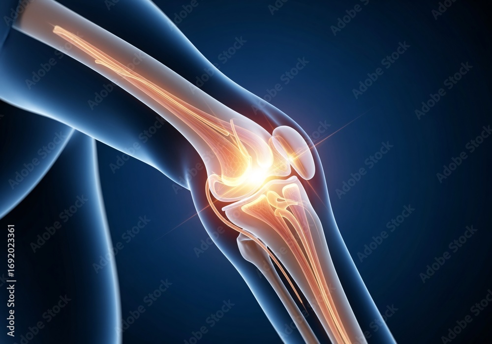 Fototapeta premium Illuminating Knee Joint: An artistic representation of the knee joint, glowing with ethereal light against a dark backdrop, highlighting its intricate structures and human anatomy.