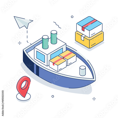 A vibrant isometric illustration of a cargo ship carrying various boxes