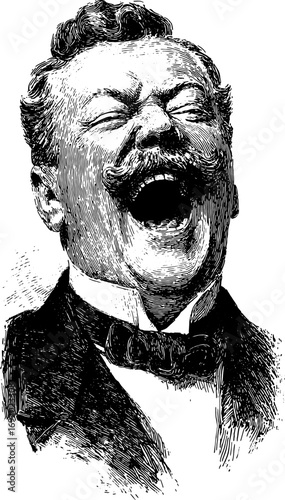 Laughing man with moustache in a victorian portrait. Vintage monochrome engraving style vector illustration.