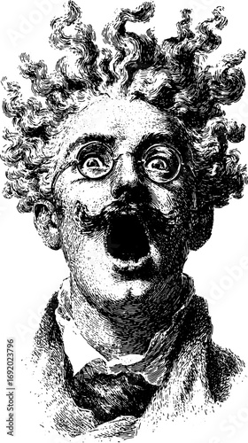 Man with mustache, wild hair, and shocked expression in vintage black and white engraving style. Detailed line art ink vector illustration.