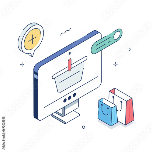 An isometric illustration showcasing an online shopping experience