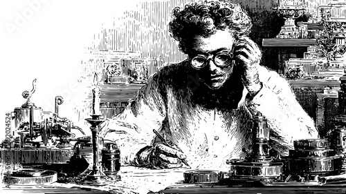 Scientist in laboratory working with machinery, lamp, and paper. Antique technical vector illustration with detailed engraving style.