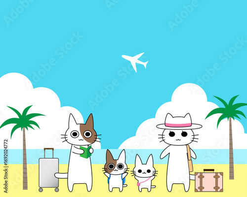 南国リゾートへ旅に出る、猫の親子のイラスト素材