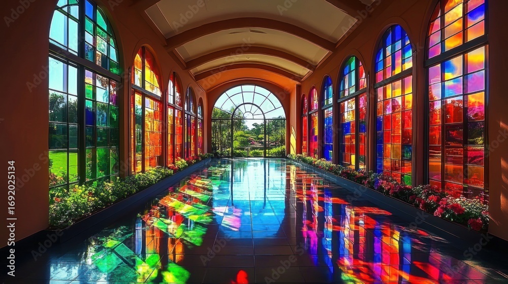 Fototapeta premium Long arched corridor high ceiling windows both sides Stunning View Inside