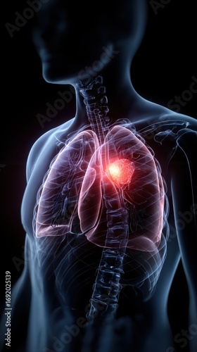 A high-resolution medical illustration of a translucent X-ray that clearly shows the lungs inside the chest. One lung has a darkened area with a glowing red spot, indicating inflammation or infection.