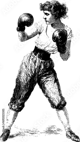 Woman boxer in vintage boxing stance wearing gloves. Black and white vector illustration in engraving style.