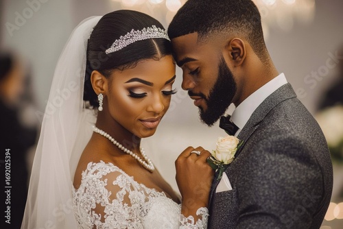 Photograph newlywed couple standing close together groom African american getting