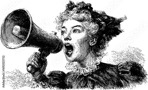 Woman shouting through a megaphone in a vintage black and white style. Detailed ink sketch engraving vector illustration.