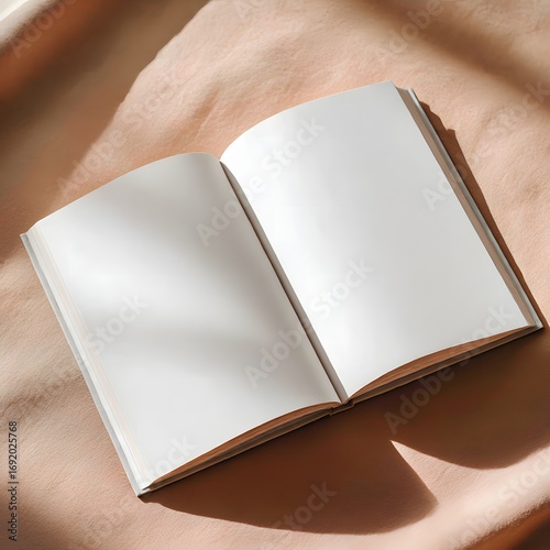 Blank open book on textured surface with soft natural light and shadow play