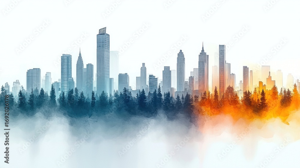 Fototapeta premium Misty cityscape silhouette illustration