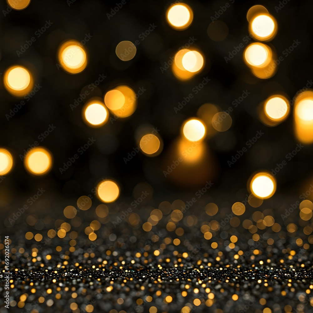Obraz premium Golden Glitter Bokeh on Black Background Festive Elegant Glamorous