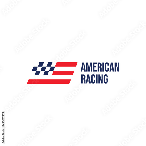 American racing logo with USA flag and checkered finish flag, bold design for motorsport branding, speed competition, and patriotic racing themes.