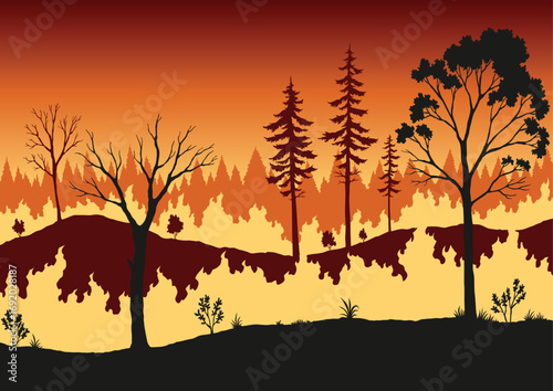 Forest fire. Burning spruces and oak trees, wood plants in flame. Forest fires in Amazon and Australia