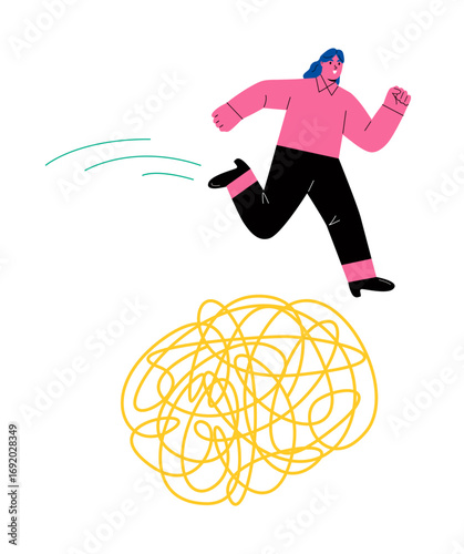 Business woman jump difficulty and crisis problem. Barriers breakthrough concept. Flat vector illustration isolated on white background