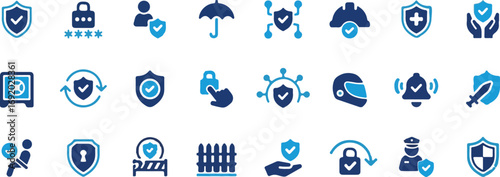 Protection icon set. Containing safe, shield, lock, security, alarm, umbrella, guard, fence and more. Solid vector icons collection.