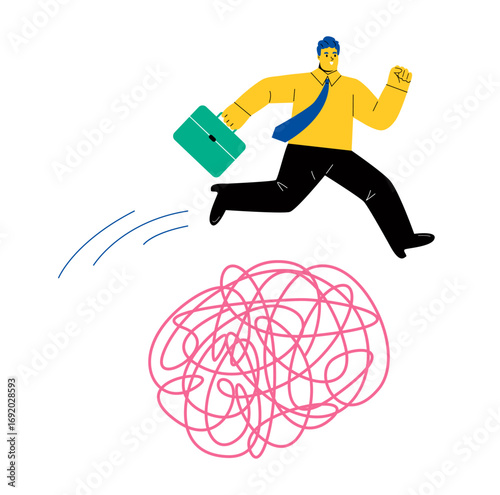 Business man jump difficulty and crisis problem. Barriers breakthrough concept. Flat vector illustration isolated on white background