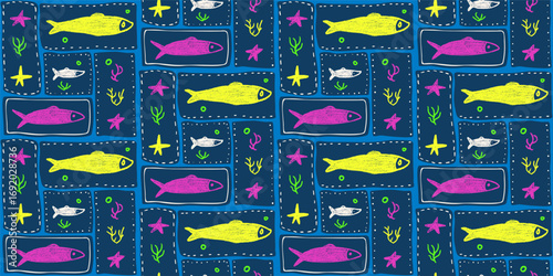Crayon fish seamless pattern. Sardines hand drawn bento grid endless background. Nautical repeat cover. Sea patchwork continuous ornament. Vibrant pattern design seaweeds motif. Vector illustration.