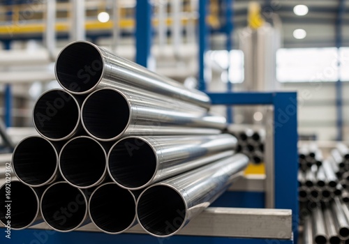 Industrial Pipes in a Factory: A neat stack of metallic industrial pipes presents against a softly blurred factory backdrop, symbolizing the robust infrastructure that drives industrial productivity.
