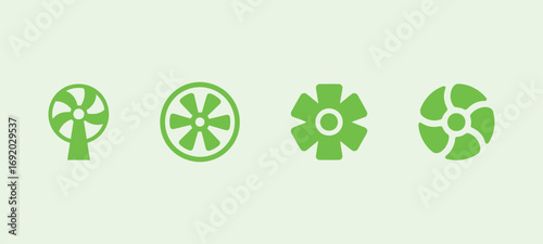 Set of fan icons with light green color, various styles for cooling, air and ventilation concepts.